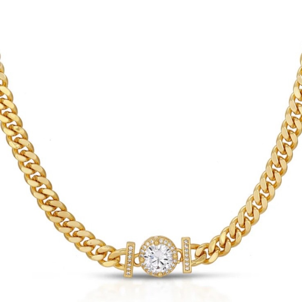 NATALIE B Set Bianca Chain Necklace + Uma CZ Huggies 14k & 18k Gold Plate - NEW